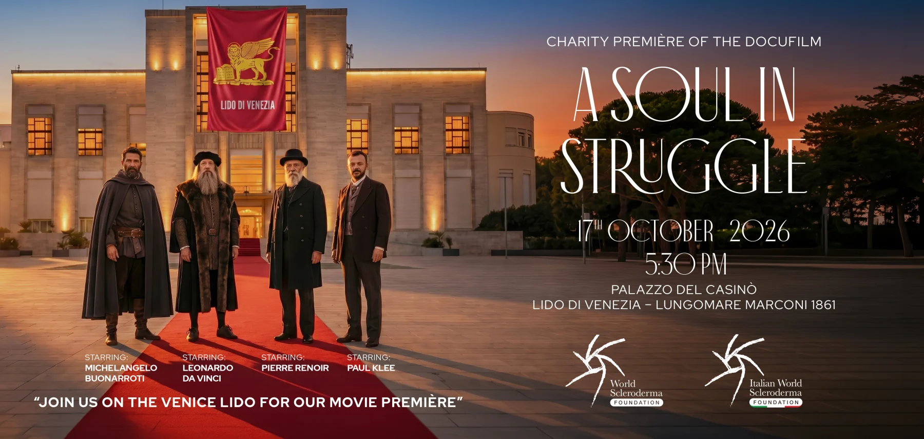 A Soul in Struggle — locandina della charity première del docufilm al Palazzo del Casinò, Lido di Venezia