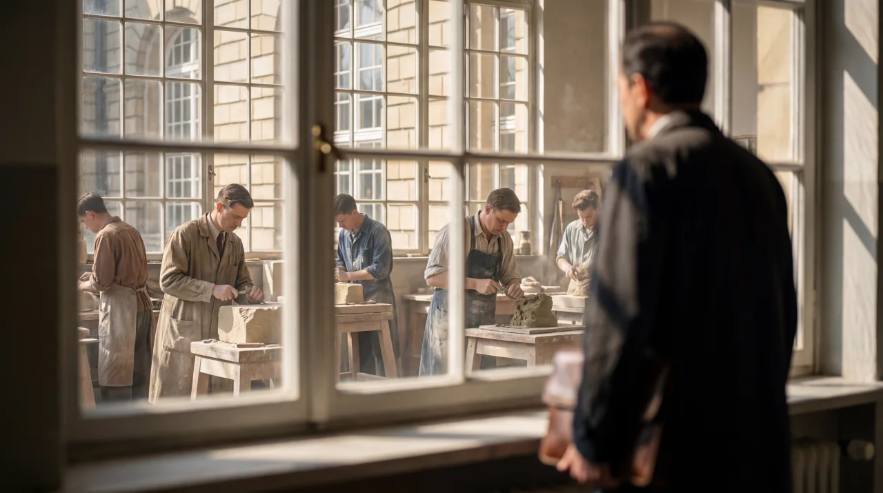 Scena del docufilm: un atelier di artisti al lavoro, ricostruito con editing e visual generati in AI