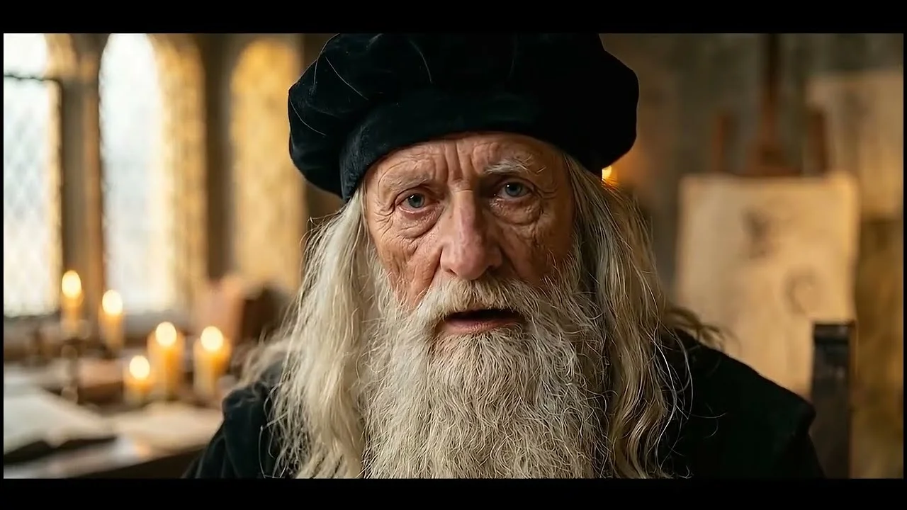 A Soul in Struggle — fotogramma dal trailer: Leonardo da Vinci ricreato in AI