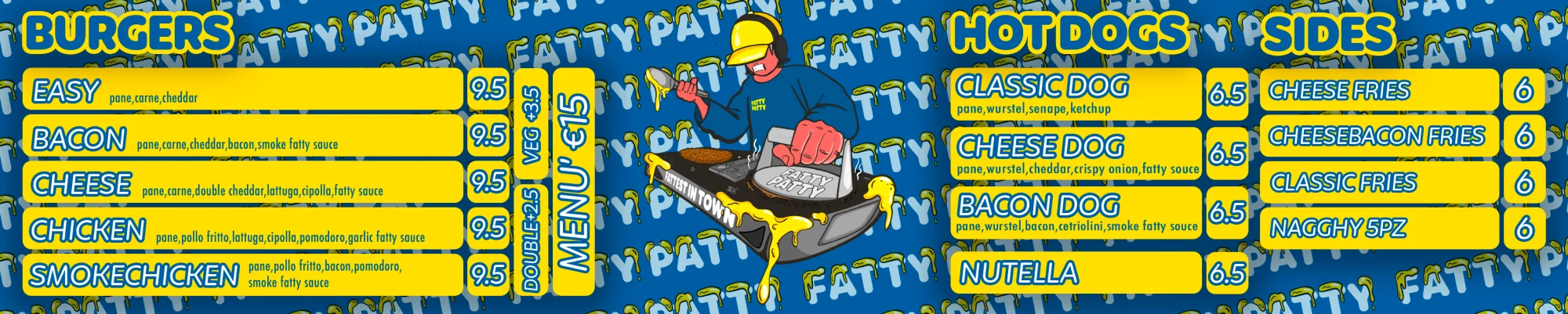 Fatty Patty — menu board: Burgers, Hot Dogs e Sides in giallo su blu con la mascotte