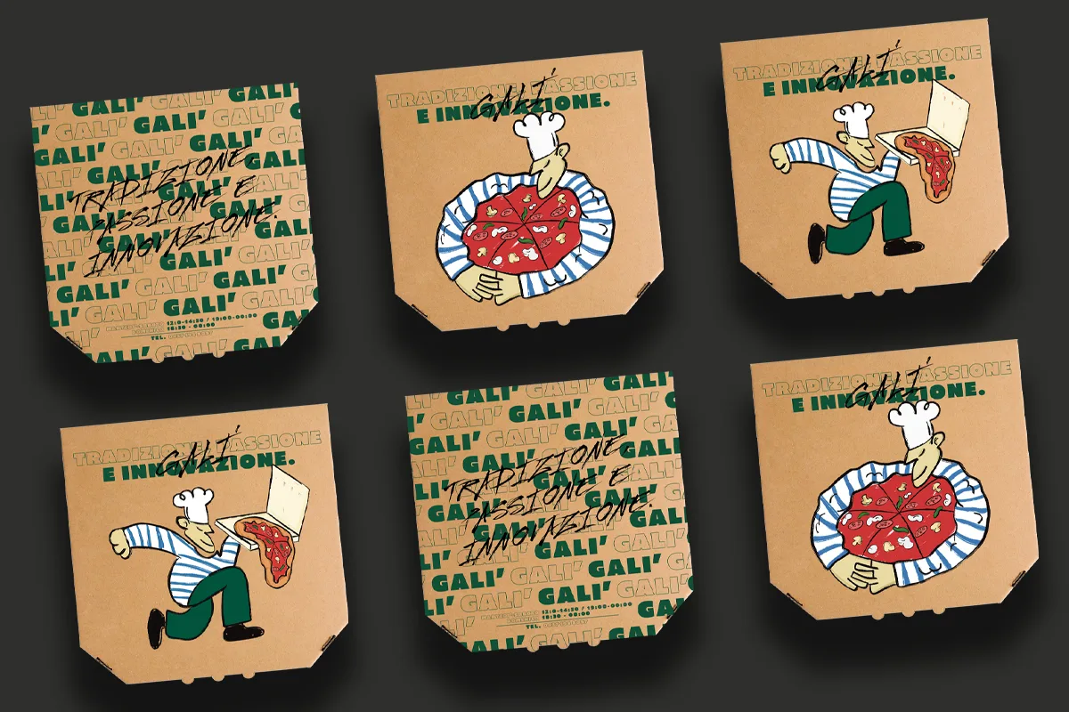 Galì — packaging kraft e mascotte pizzaiolo illustrata